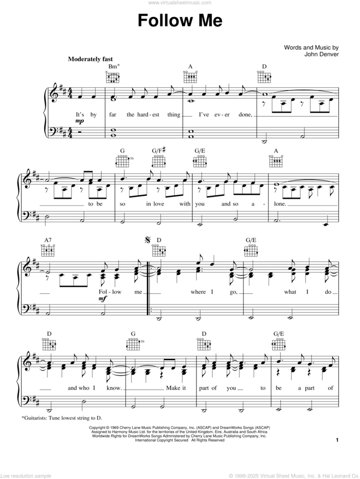 Follow Me sheet music for voice, piano or guitar by John Denver, wedding score, intermediate skill level