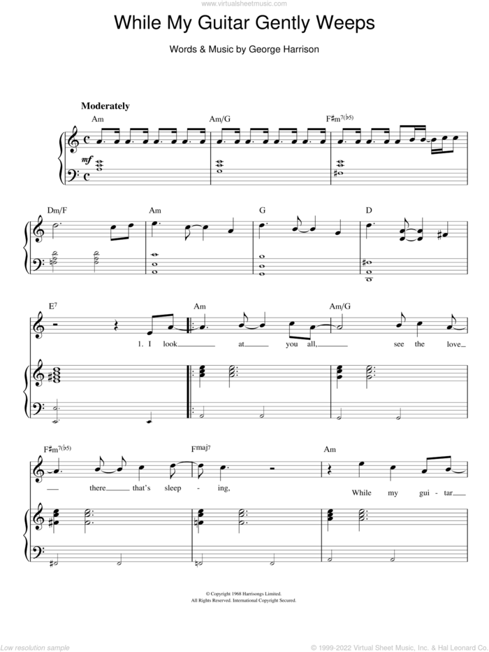 While My Guitar Gently Weeps sheet music for voice, piano or guitar by The Beatles and George Harrison, intermediate skill level