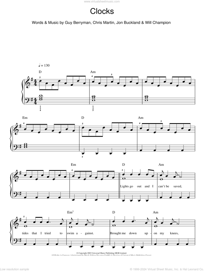 Clocks sheet music for piano solo by Coldplay, Chris Martin, Guy Berryman, Jon Buckland and Will Champion, easy skill level
