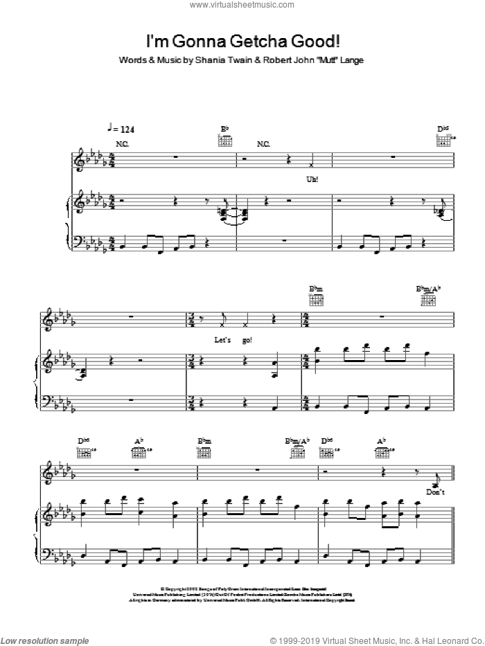 I'm Gonna Getcha Good! sheet music for voice and piano by Shania Twain and Robert John Lange, intermediate skill level
