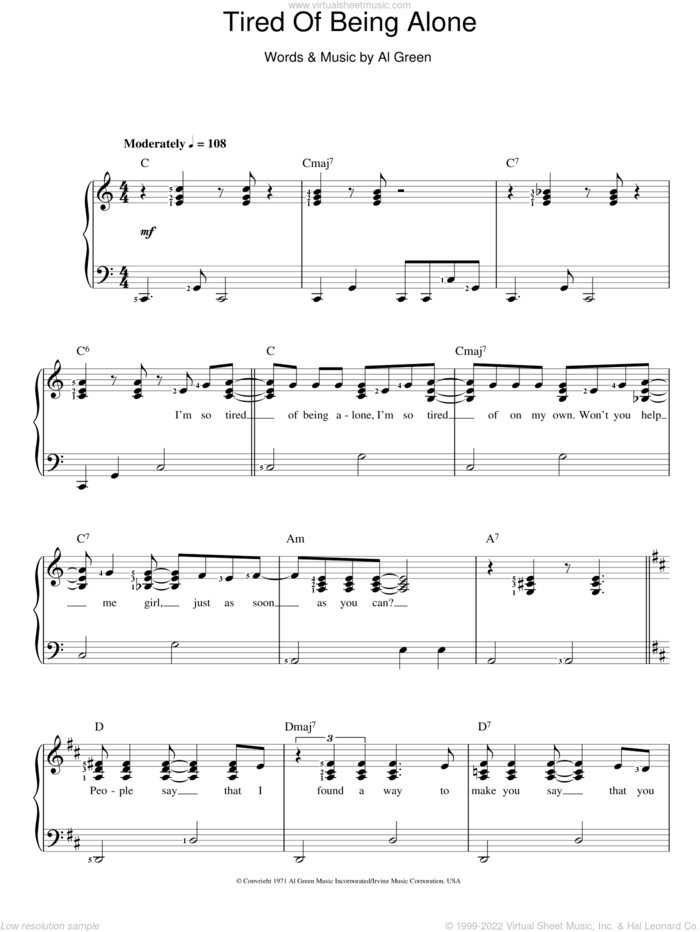 Tired Of Being Alone sheet music for voice and piano by Al Green, intermediate skill level