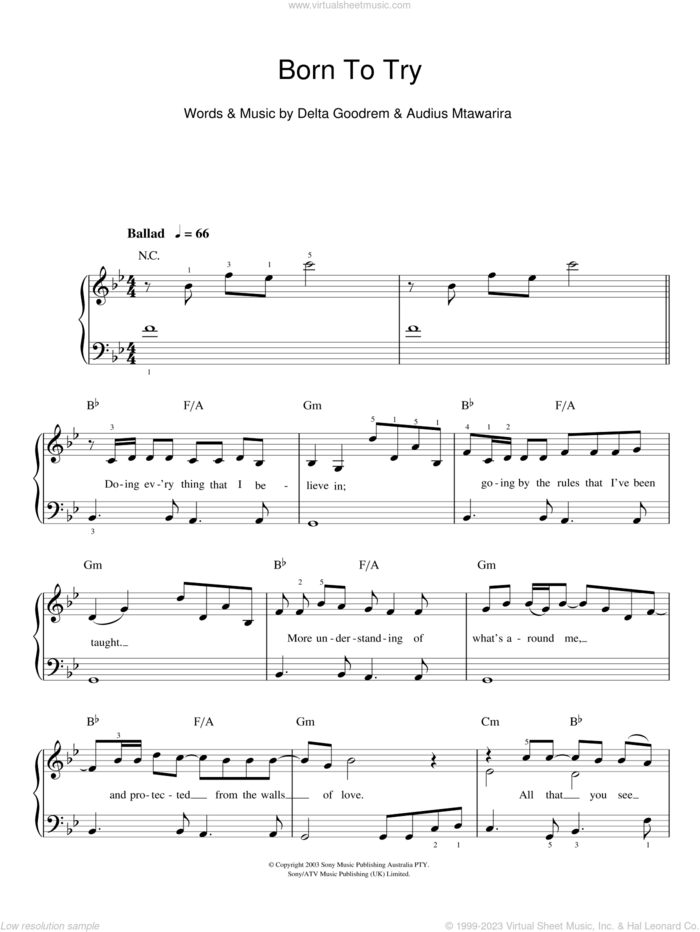 Born To Try, (easy) sheet music for piano solo by Delta Goodrem and Audius Mtawarira, easy skill level