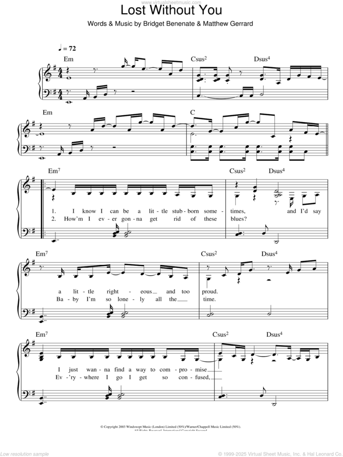 Lost Without You, (easy) sheet music for piano solo by Delta Goodrem, Bridget Benenate and Matthew Gerrard, easy skill level