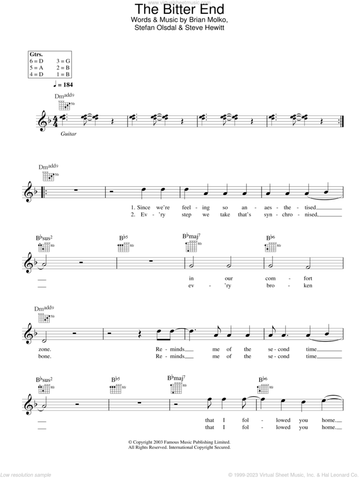 The Bitter End sheet music for voice and other instruments (fake book) by Placebo, Brian Molko, Stefan Olsdal and Steve Hewitt, intermediate skill level