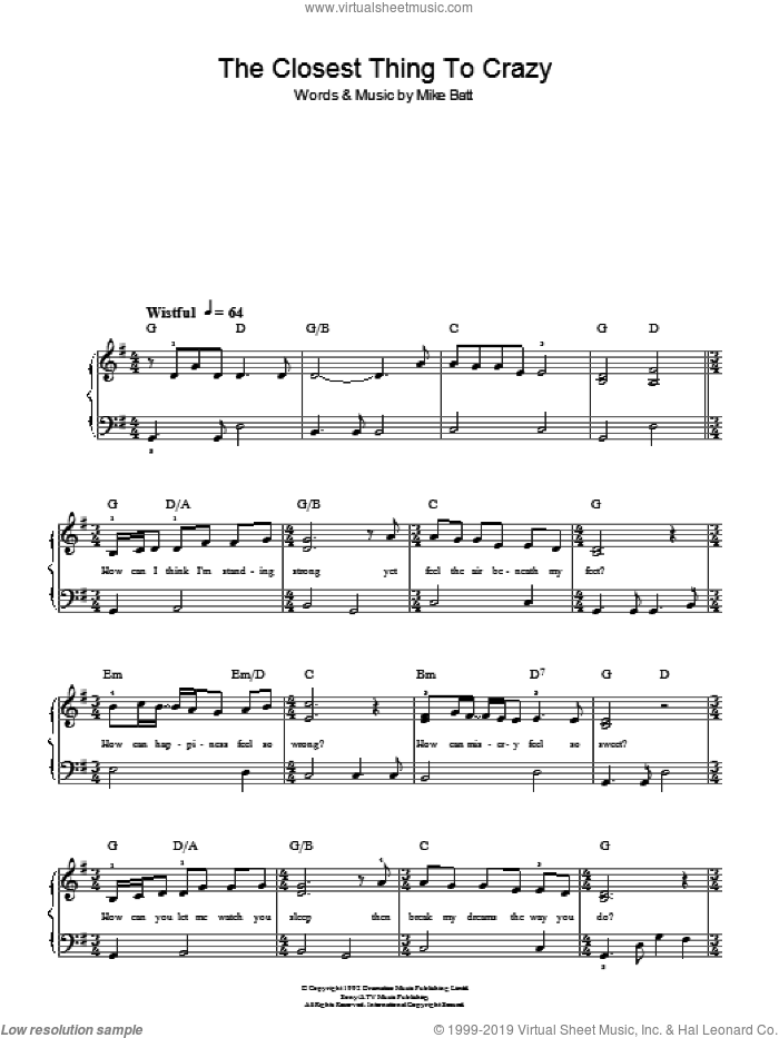 The Closest Thing To Crazy, (easy) sheet music for piano solo by Katie Melua and Mike Batt, easy skill level