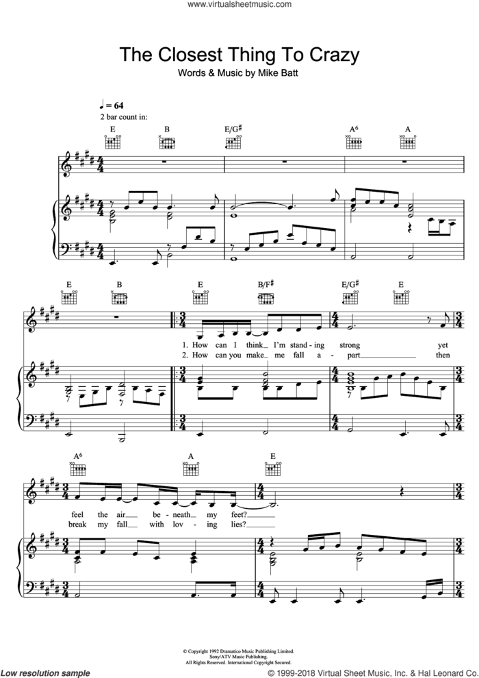 The Closest Thing To Crazy sheet music for voice, piano or guitar by Katie Melua and Mike Batt, intermediate skill level