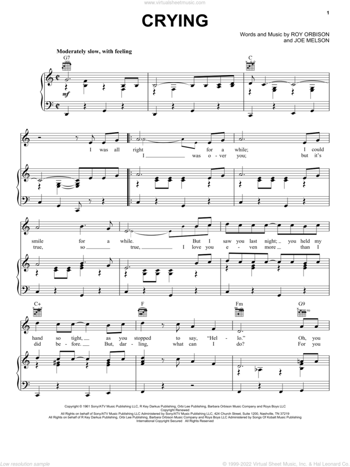 Crying sheet music for voice, piano or guitar by Roy Orbison, Don McLean and Joe Melson, intermediate skill level
