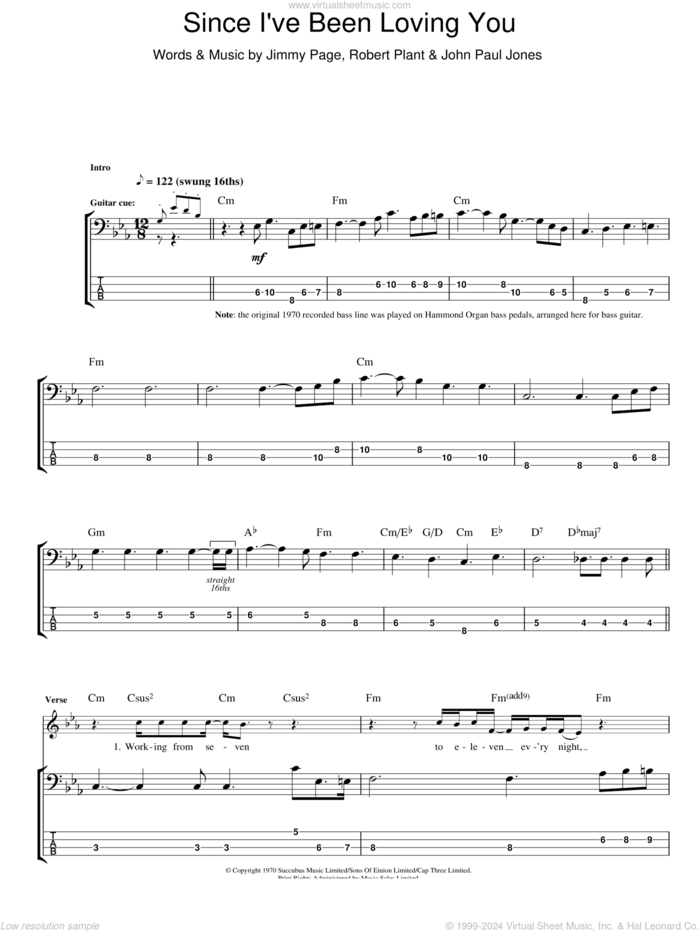 Since I've Been Loving You sheet music for bass (tablature) (bass guitar) by Led Zeppelin, Jimmy Page, John Paul Jones and Robert Plant, intermediate skill level