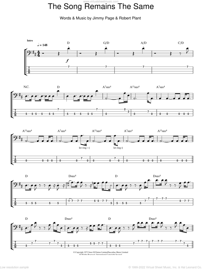The Song Remains The Same sheet music for bass (tablature) (bass guitar) by Led Zeppelin, Jimmy Page and Robert Plant, intermediate skill level