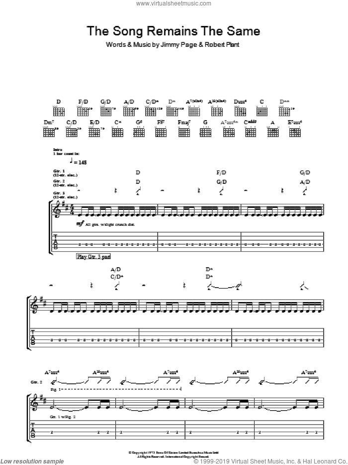 The Song Remains The Same sheet music for guitar (tablature) by Led Zeppelin, Jimmy Page and Robert Plant, intermediate skill level