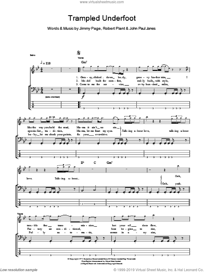 Trampled Underfoot sheet music for bass (tablature) (bass guitar) by Led Zeppelin, Jimmy Page, John Paul Jones and Robert Plant, intermediate skill level