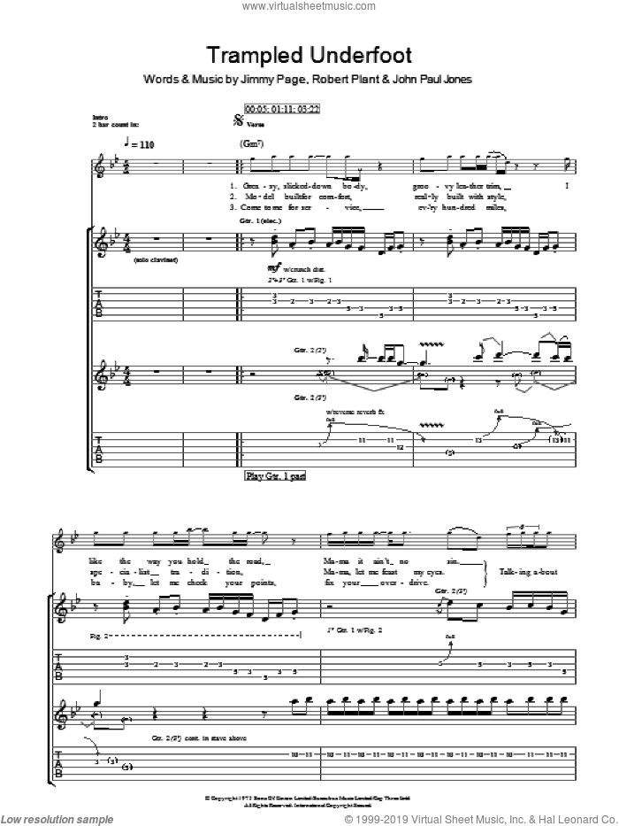 Trampled Underfoot sheet music for guitar (tablature) by Led Zeppelin, Jimmy Page, John Paul Jones and Robert Plant, intermediate skill level