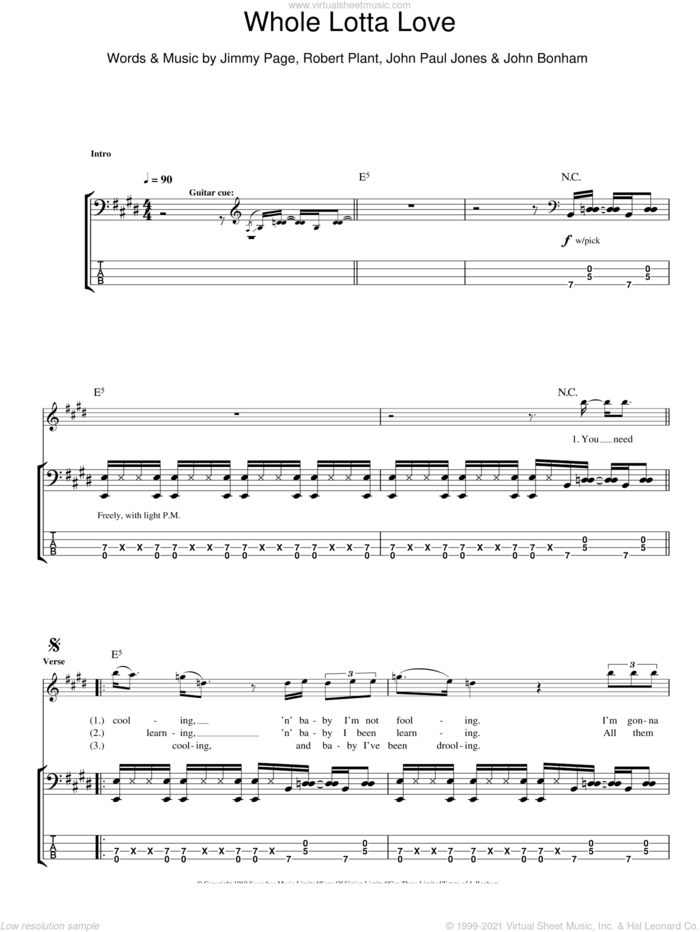 Whole Lotta Love sheet music for bass (tablature) (bass guitar) by Led Zeppelin, Jimmy Page, John Bonham, John Paul Jones and Robert Plant, intermediate skill level
