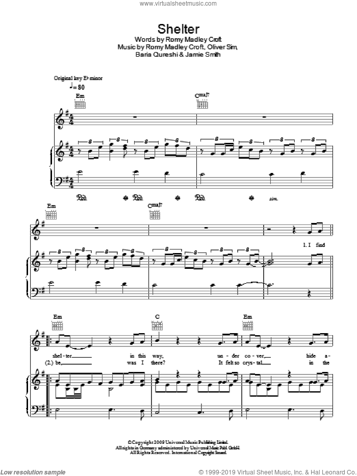 Shelter sheet music for voice, piano or guitar by Birdy, The XX, Baria Qureshi, Jamie Smith, Oliver Sim and Romy Madley Croft, intermediate skill level