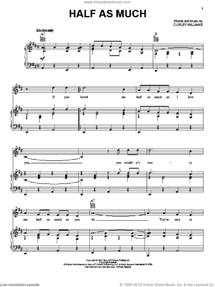 Half As Much sheet music for voice, piano or guitar by Hank Williams, Patsy Cline and Curley Williams, intermediate skill level