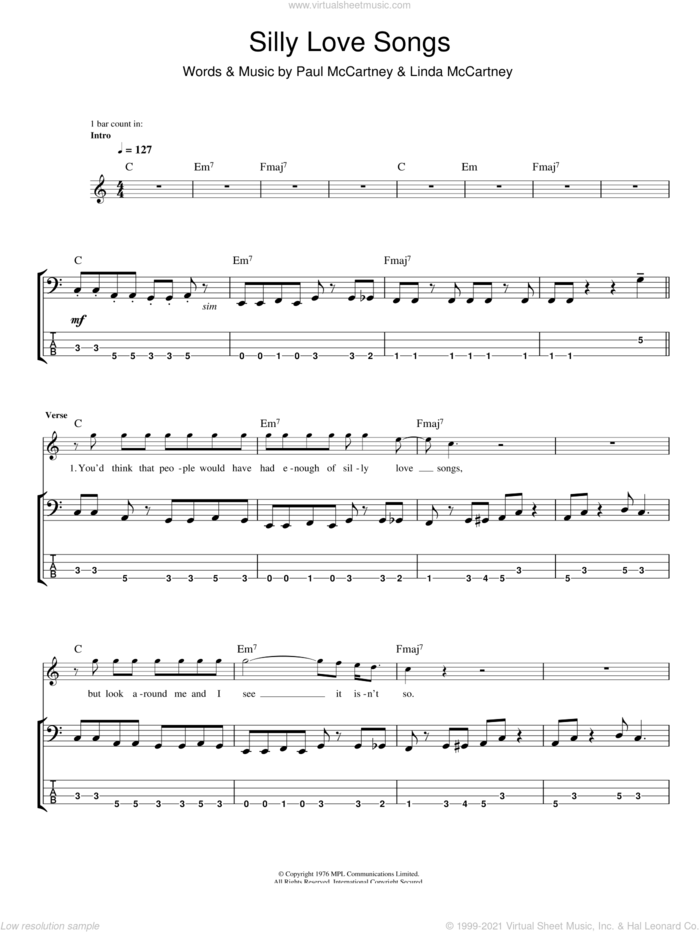 Silly Love Songs sheet music for bass (tablature) (bass guitar) by Linda McCartney, Paul McCartney, Paul McCartney and Wings and Wings, intermediate skill level