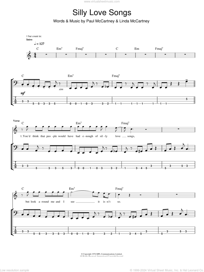 Silly Love Songs sheet music for bass (tablature) (bass guitar) by Linda McCartney, Paul McCartney, Paul McCartney and Wings and Wings, intermediate skill level