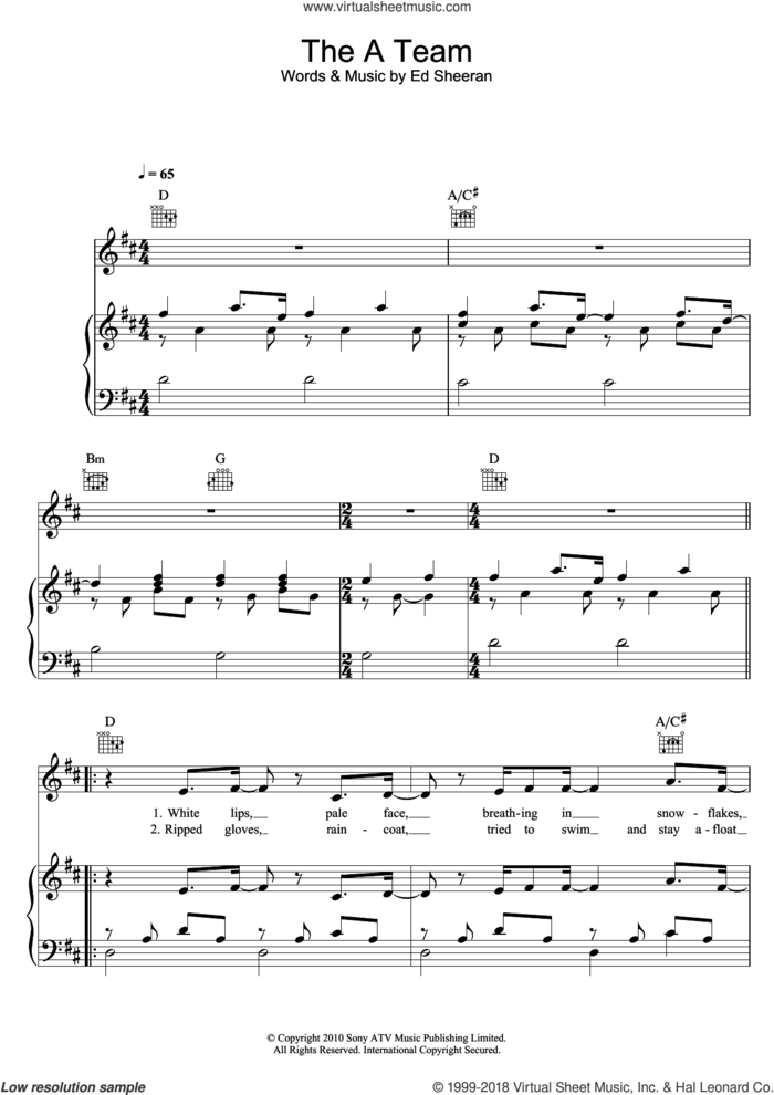 The A Team sheet music for voice, piano or guitar by Birdy and Ed Sheeran, intermediate skill level