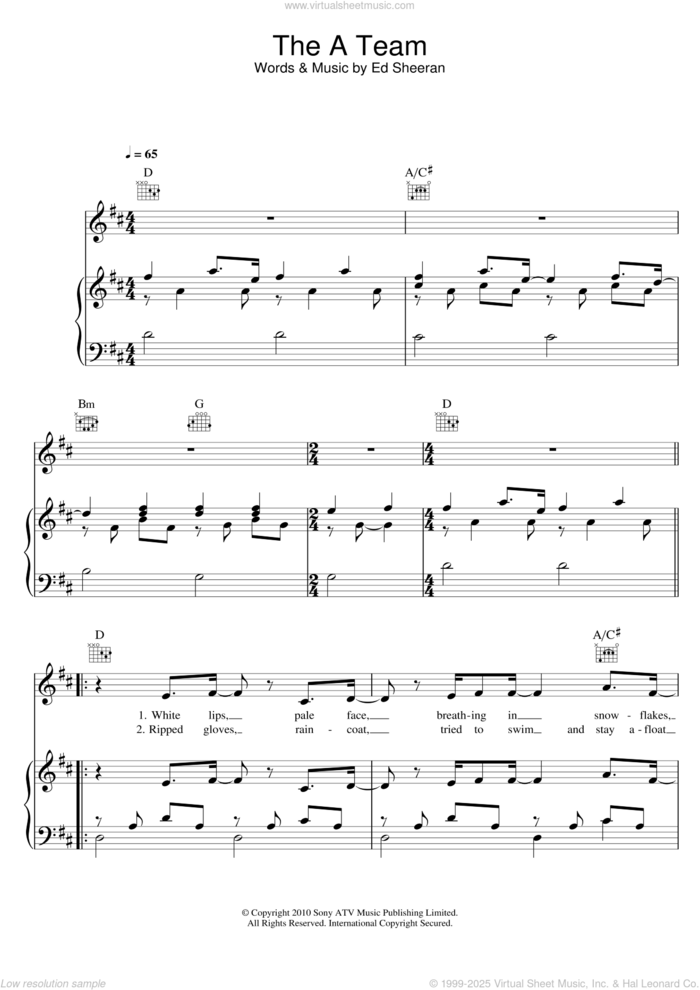 The A Team sheet music for voice, piano or guitar by Birdy and Ed Sheeran, intermediate skill level