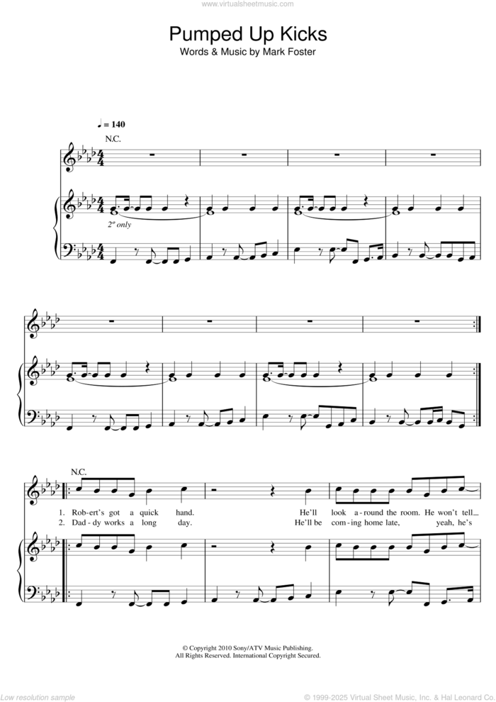 Pumped Up Kicks sheet music for voice, piano or guitar by Foster The People and Mark Foster, intermediate skill level