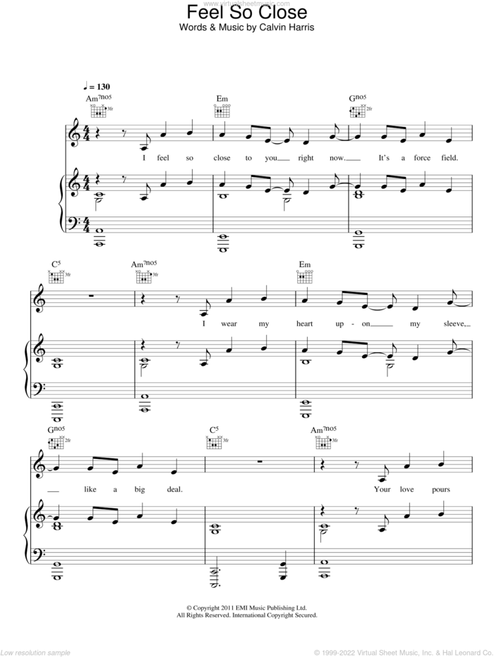 Feel So Close sheet music for voice, piano or guitar by Calvin Harris, intermediate skill level
