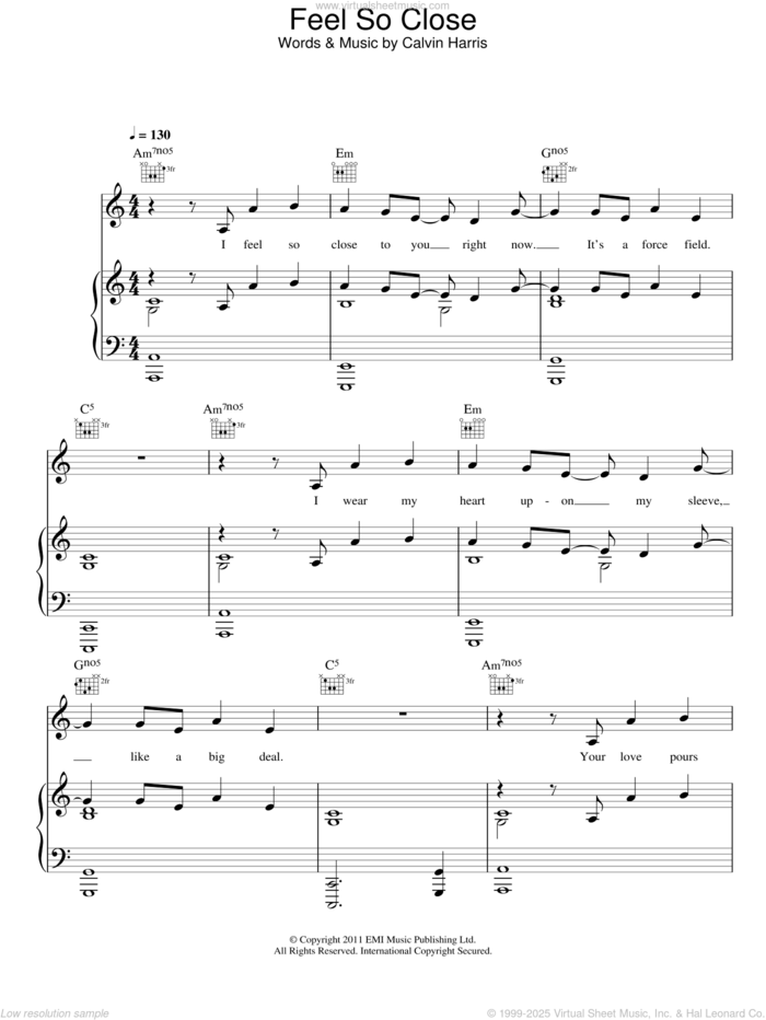 Feel So Close sheet music for voice, piano or guitar by Calvin Harris, intermediate skill level