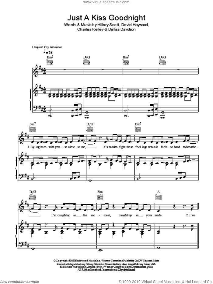 Just A Kiss sheet music for voice, piano or guitar by Lady Antebellum, Lady A, Charles Kelley, Dallas Davidson, David Haywood and Hillary Scott, intermediate skill level