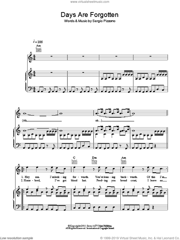 Days Are Forgotten sheet music for voice, piano or guitar by Kasabian and Sergio Pizzorno, intermediate skill level
