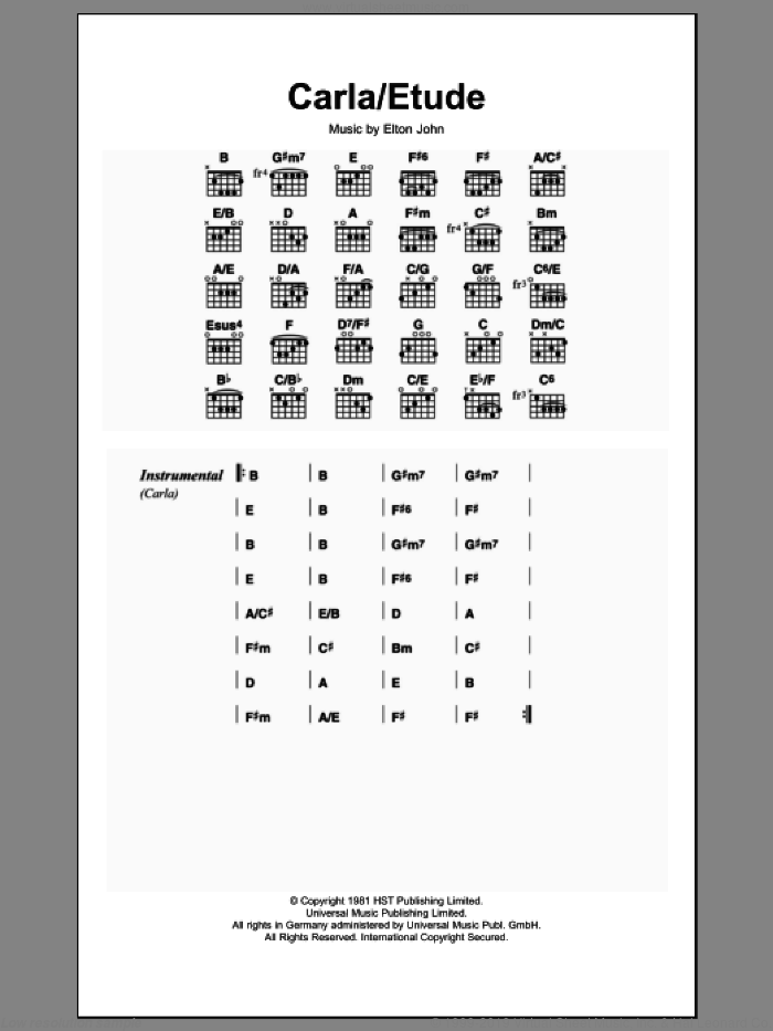 Carla / Etude sheet music for guitar (chords) by Elton John, intermediate skill level