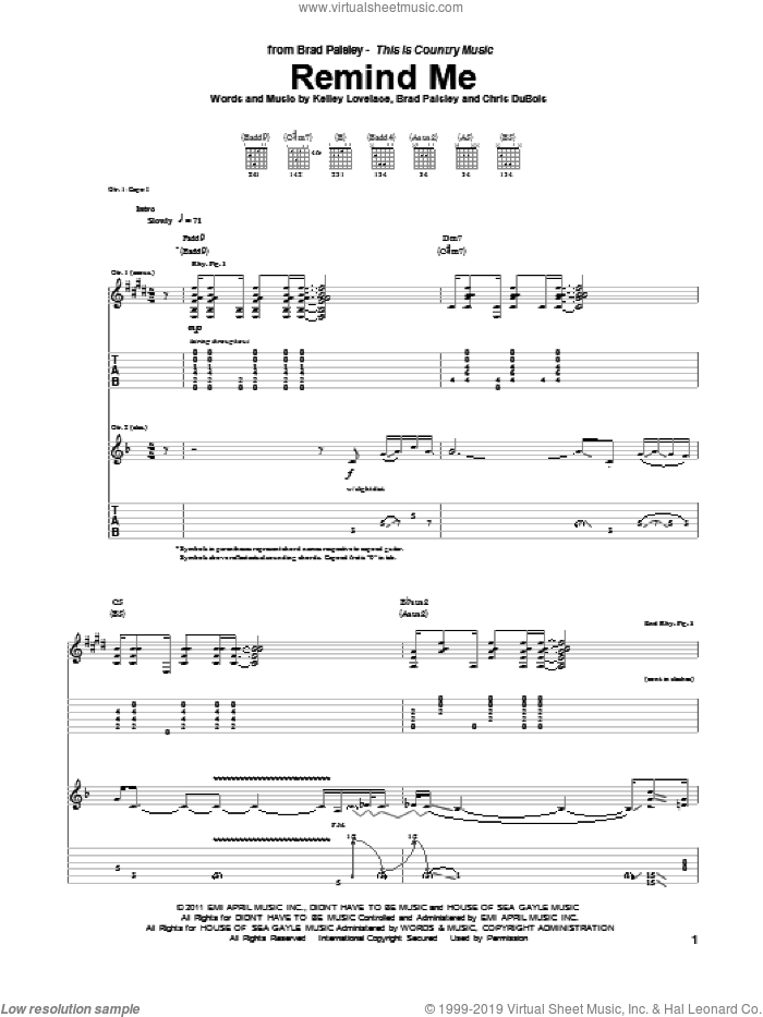 Remind Me sheet music for guitar (tablature) by Brad Paisley & Carrie Underwood, Brad Paisley, Chris DuBois and Kelley Lovelace, intermediate skill level