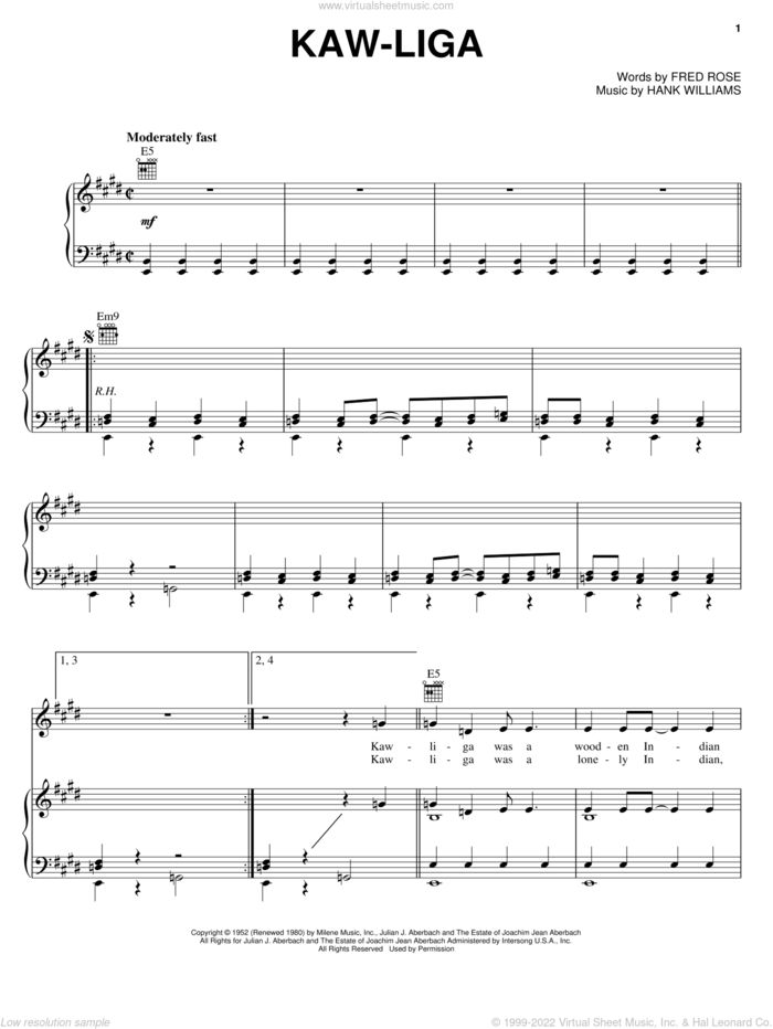 Kaw-Liga sheet music for voice, piano or guitar by Hank Williams, Charlie Pride, Marty Robbins and Fred Rose, intermediate skill level