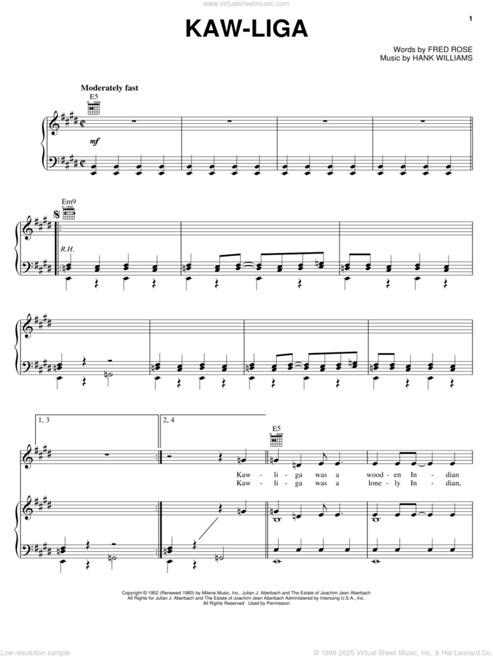 Kaw-Liga sheet music for voice, piano or guitar by Hank Williams, Charlie Pride, Marty Robbins and Fred Rose, intermediate skill level