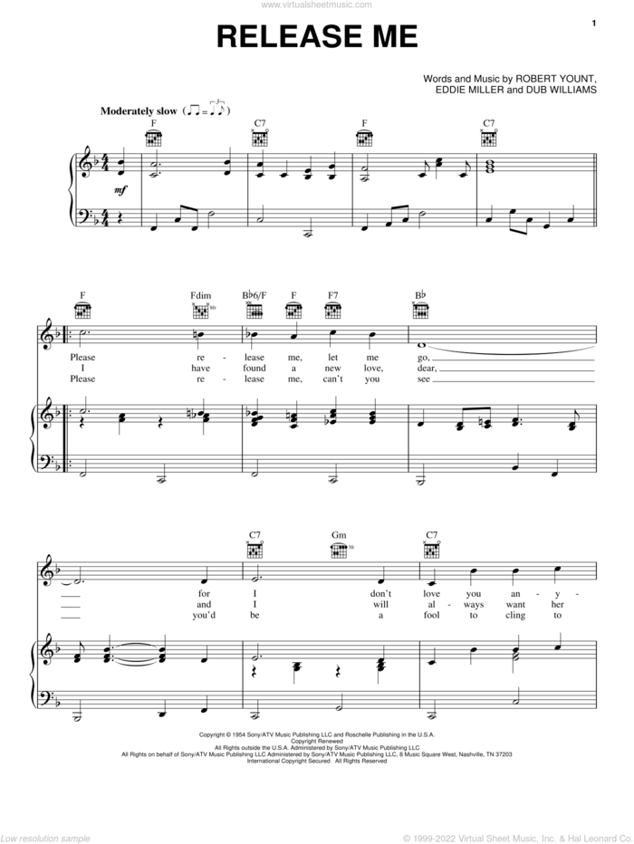 Release Me sheet music for voice, piano or guitar by Engelbert Humperdinck, Elvis Presley, Kitty Wells, Ray Price, Dub Williams, Eddie Miller and Robert Yount, intermediate skill level
