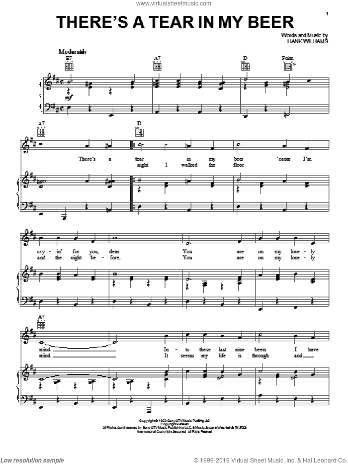 There's A Tear In My Beer sheet music for voice, piano or guitar by Hank Williams and Hank Williams, Jr., intermediate skill level