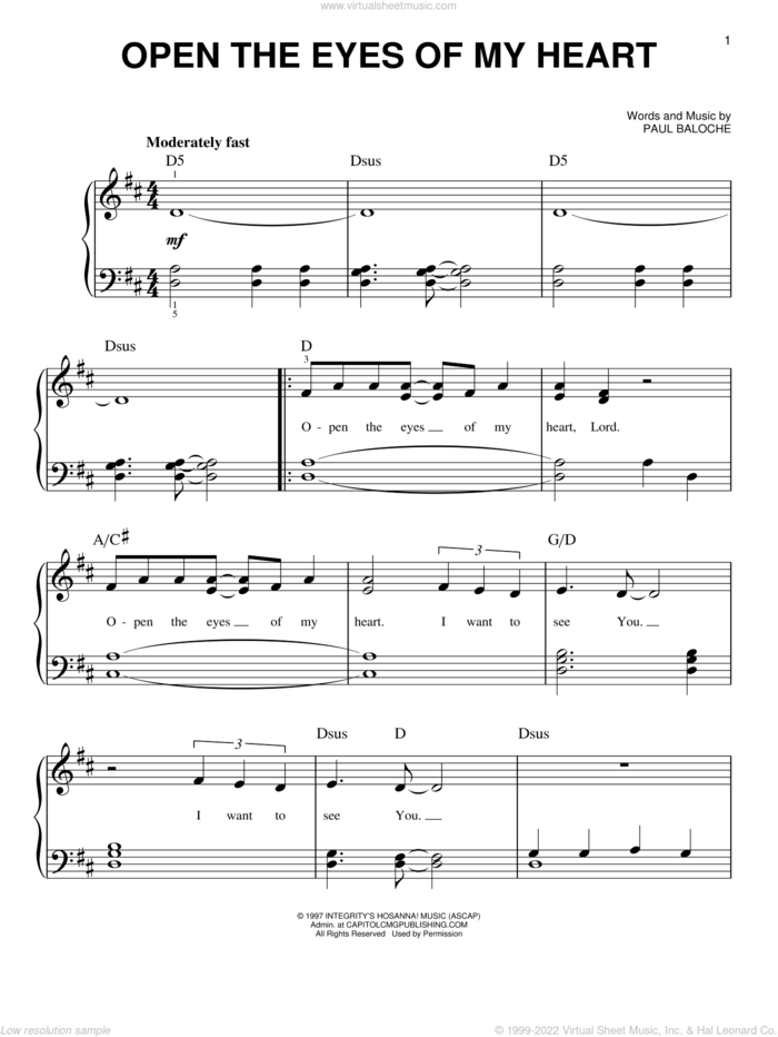Open The Eyes Of My Heart, (easy) sheet music for piano solo by Paul Baloche and Sonicflood, easy skill level