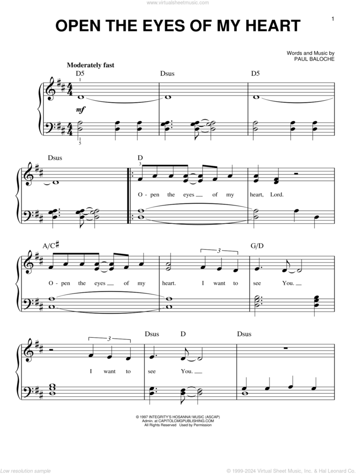 Open The Eyes Of My Heart, (easy) sheet music for piano solo by Paul Baloche and Sonicflood, easy skill level