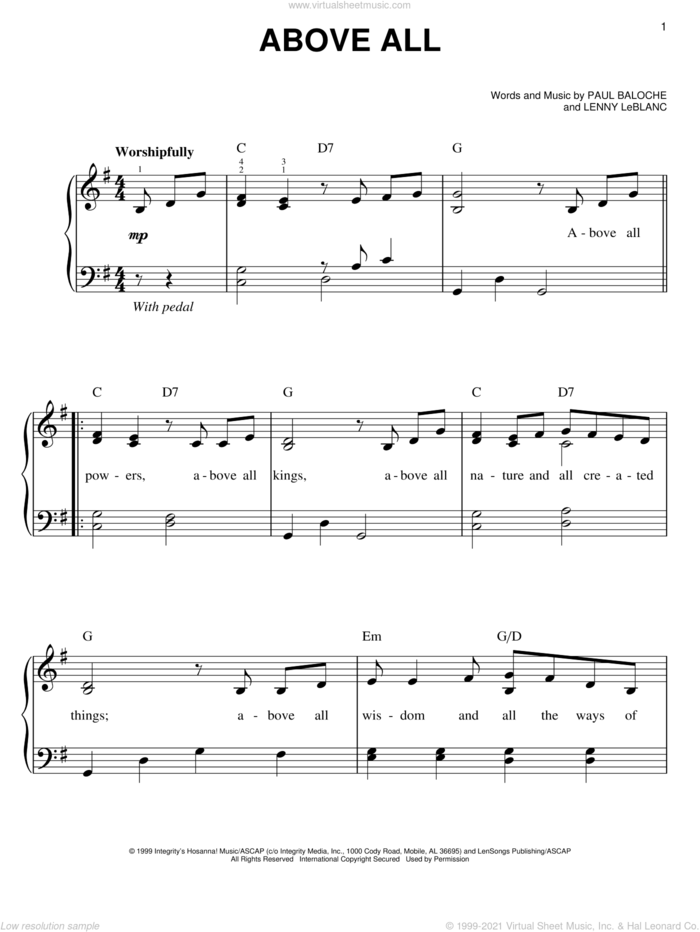 Above All, (easy) sheet music for piano solo by Paul Baloche and Lenny LeBlanc, easy skill level