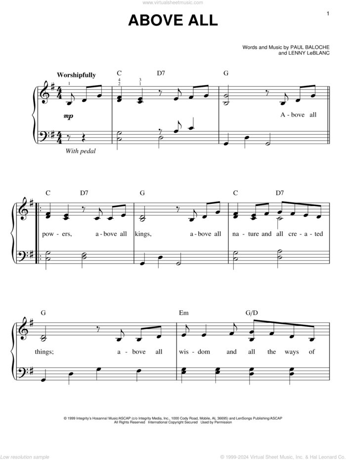 Above All, (easy) sheet music for piano solo by Paul Baloche and Lenny LeBlanc, easy skill level