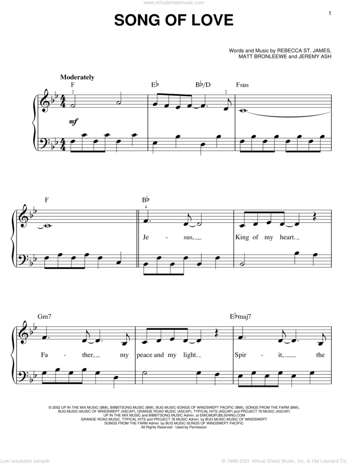 Song Of Love sheet music for piano solo by Rebecca St. James, Jeremy Ash and Matt Bronleewe, easy skill level