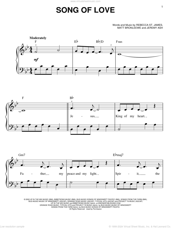 Song Of Love sheet music for piano solo by Rebecca St. James, Jeremy Ash and Matt Bronleewe, easy skill level