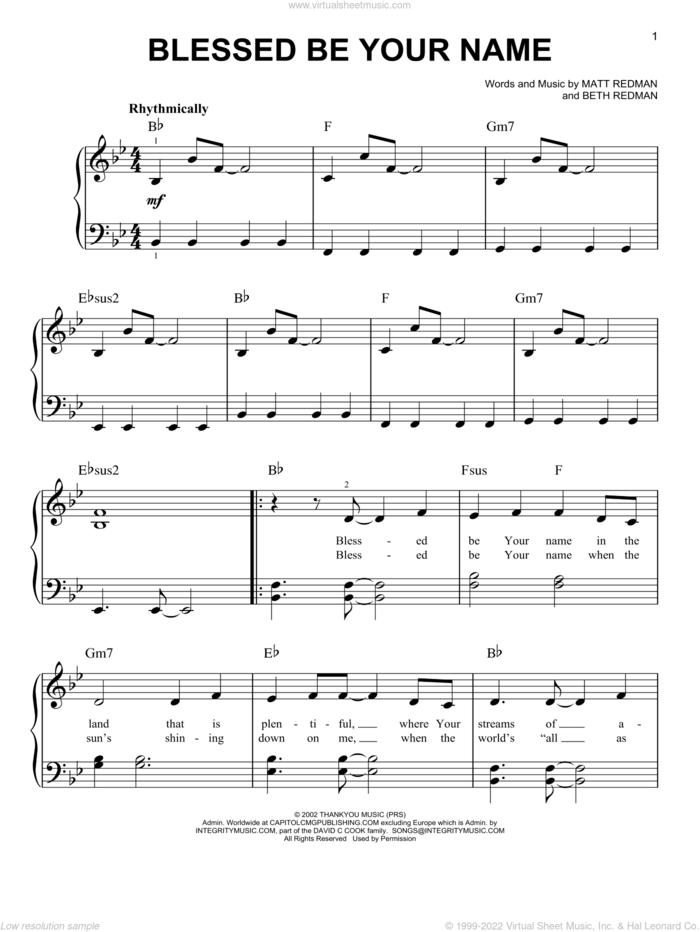 Blessed Be Your Name sheet music for piano solo by Matt Redman and Beth Redman, easy skill level