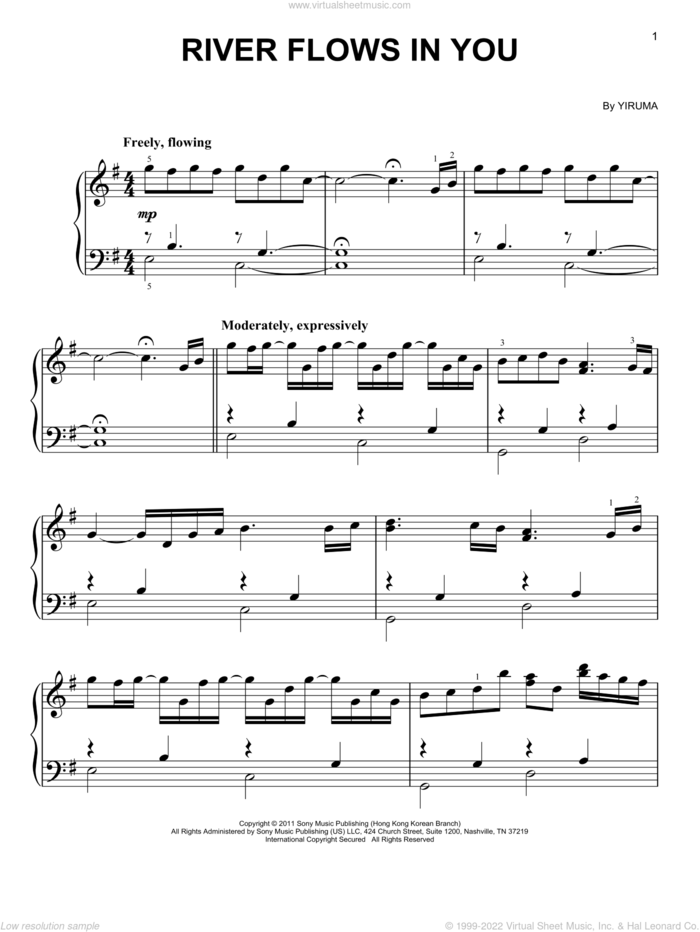 River Flows In You sheet music for piano solo by Yiruma, easy skill level