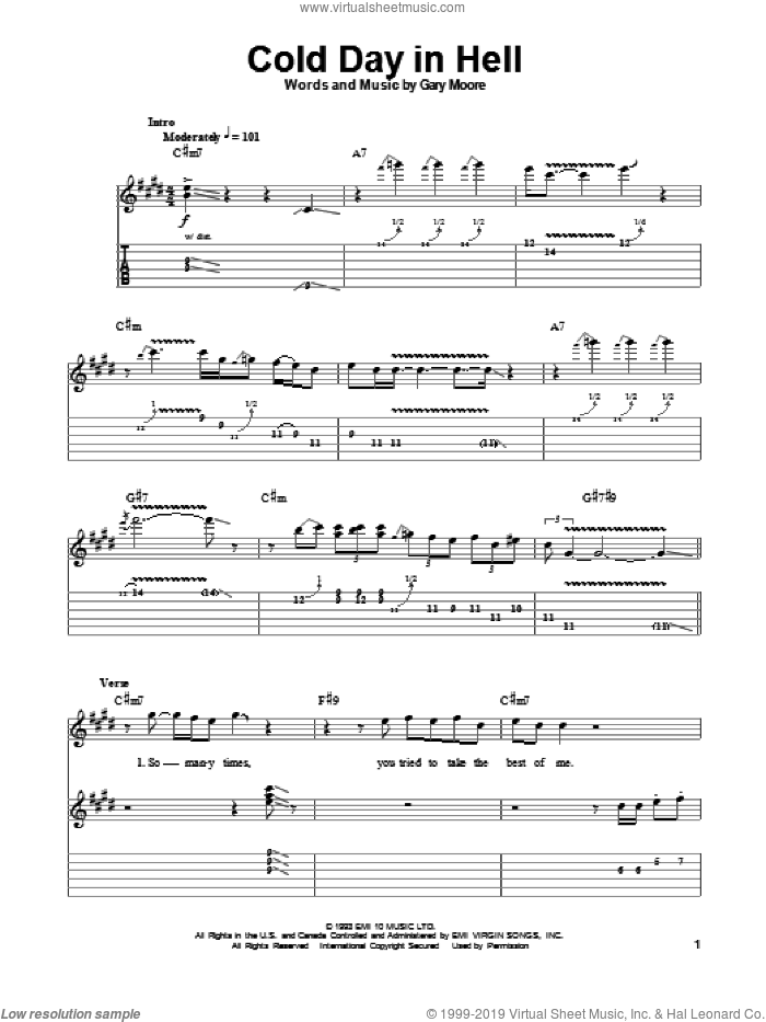 Cold Day In Hell sheet music for guitar (tablature, play-along) by Gary Moore, intermediate skill level