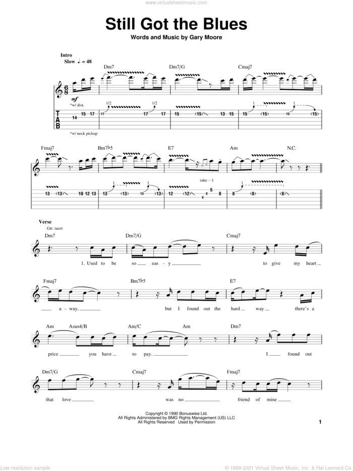 Still Got The Blues sheet music for guitar (tablature, play-along) by Gary Moore, intermediate skill level