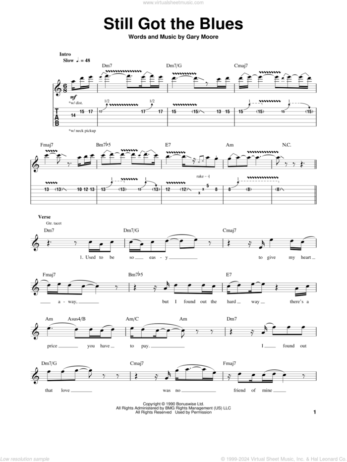 Still Got The Blues sheet music for guitar (tablature, play-along) by Gary Moore, intermediate skill level