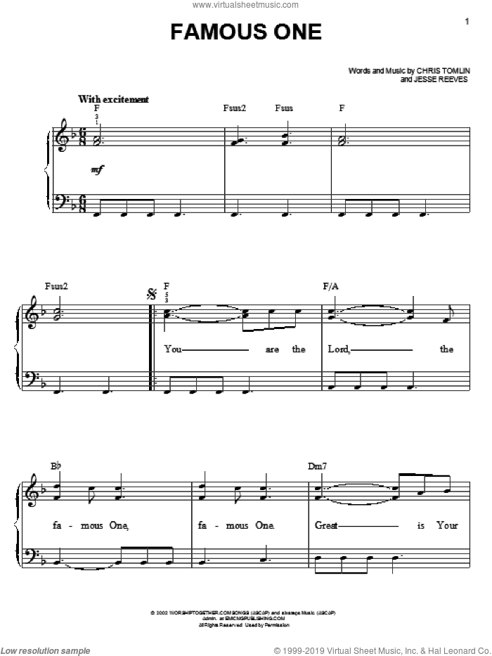 Famous One sheet music for piano solo by Chris Tomlin and Jesse Reeves, easy skill level