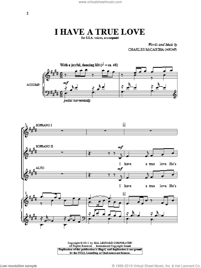 I Have A True Love sheet music for choir (SSA: soprano, alto) by Charles McCartha, wedding score, intermediate skill level