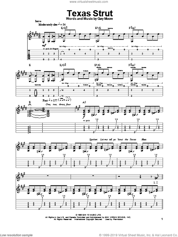 Texas Strut sheet music for guitar (tablature, play-along) by Gary Moore, intermediate skill level
