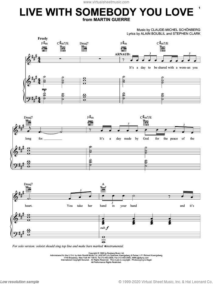 Live With Somebody You Love (from Martin Guerre) sheet music for voice, piano or guitar by Claude-Michel Schonberg, Martin Guerre (Musical), Alain Boublil, Boublil and Schonberg and Steve Clark, intermediate skill level