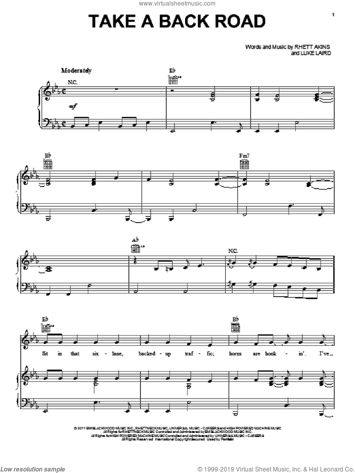Take A Back Road sheet music for voice, piano or guitar by Rodney Atkins, Luke Laird and Rhett Akins, intermediate skill level